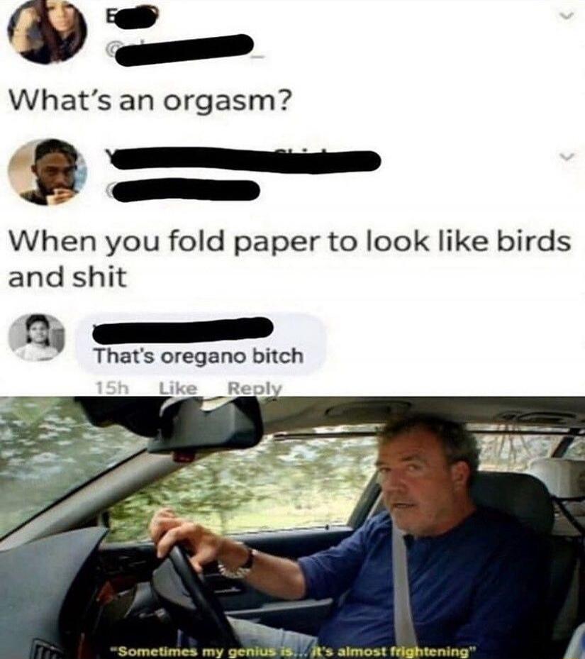 What’s an orgasm?
When you fold paper to look like birds and shit
That’s oregano bitch