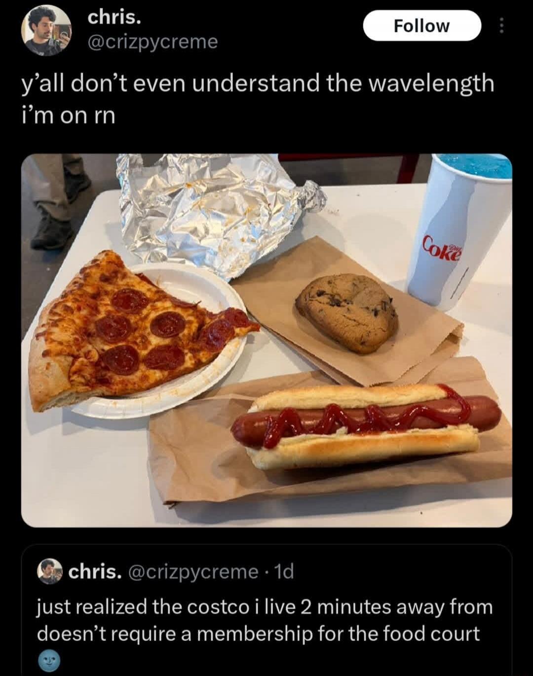 y’all don’t even understand the wavelength i’m on rn

[image: pizza slice, hot dog, cookie, Coke cup]

just realized the costco i live 2 minutes away doesn’t require a membership for the food court