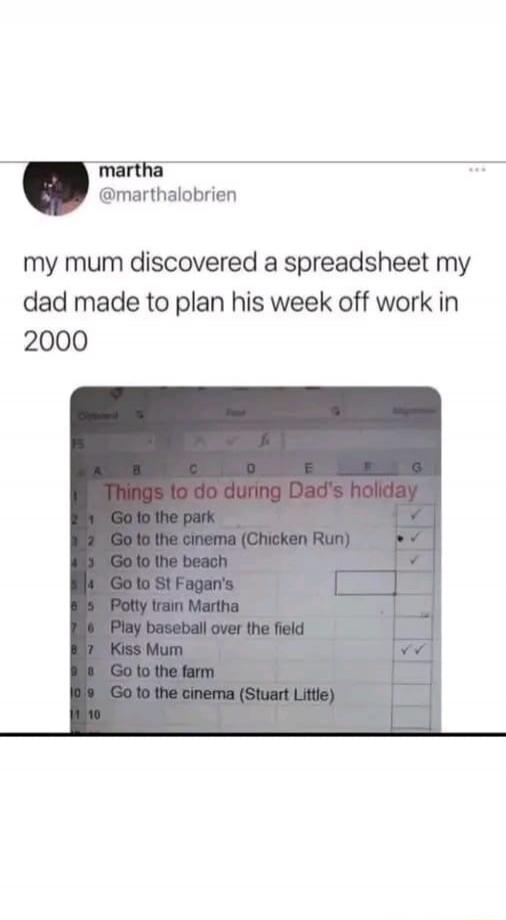 my mum discovered a spreadsheet my dad made to plan his week off work in 2000

Things to do during Dad's holiday
Go to the park
Go to the cinema (Chicken Run)
Go to the beach
Go to St Fagan's
Potty train Martha
Play baseball over the field
Kiss Mum
Go to the farm
Go to the cinema (Stuart Little)