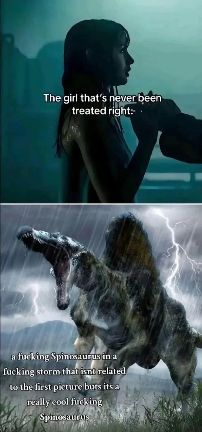 The girl that's never been treated right: a fucking Spinosaurus in a fucking storm that isn't related to the first picture but its a really cool fucking Spinosaurus