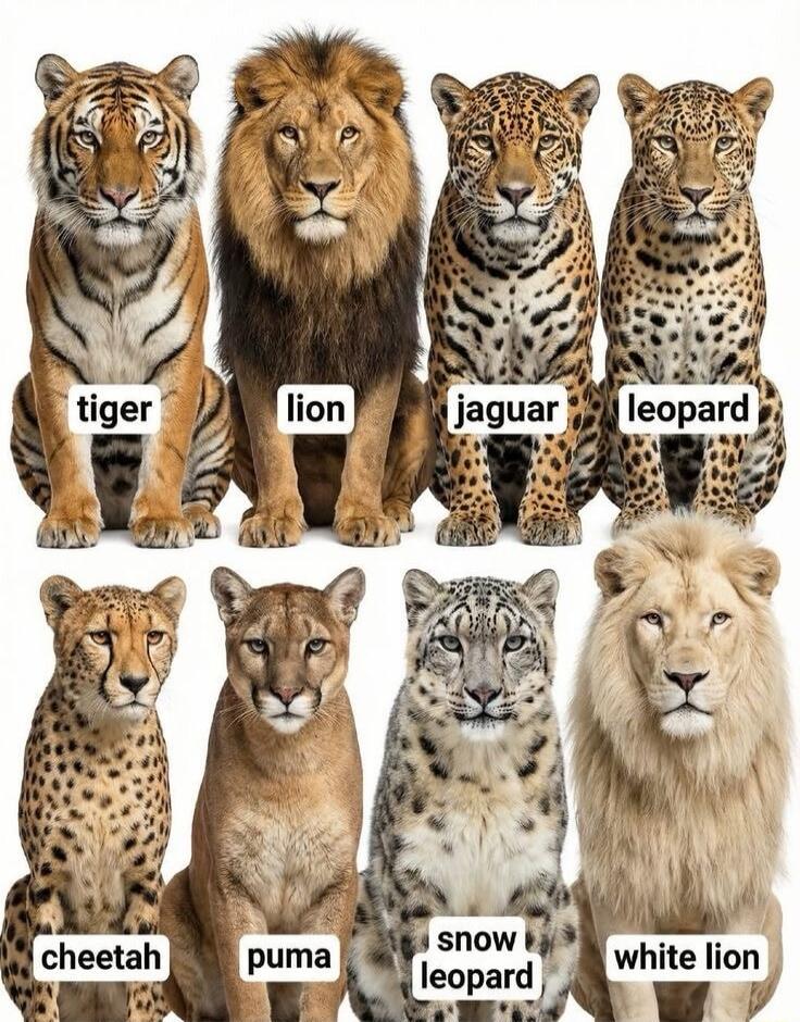 tiger, lion, jaguar, leopard, cheetah, puma, snow leopard, white lion