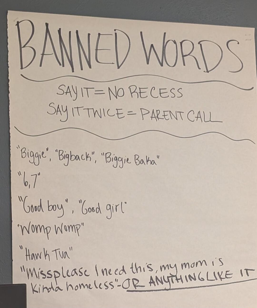 BANNED WORDS
SAY IT = NO RECESS
SAY IT TWICE = PARENT CALL

'Biggie', 'Bigback', 'Biggie Baha'
'6,7'
'Good boy', 'Good girl'
'Womp Womp'
'Hawk Two'
