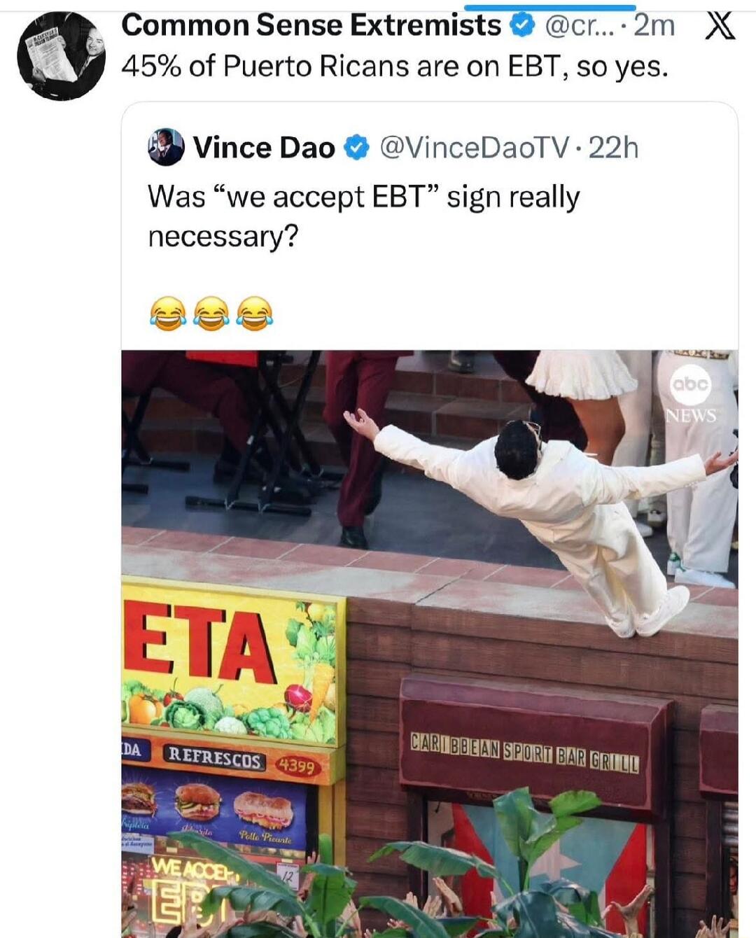 Common Sense Extremists: 45% of Puerto Ricans are on EBT, so yes. Vince Dao: Was “we accept EBT” sign really necessary?