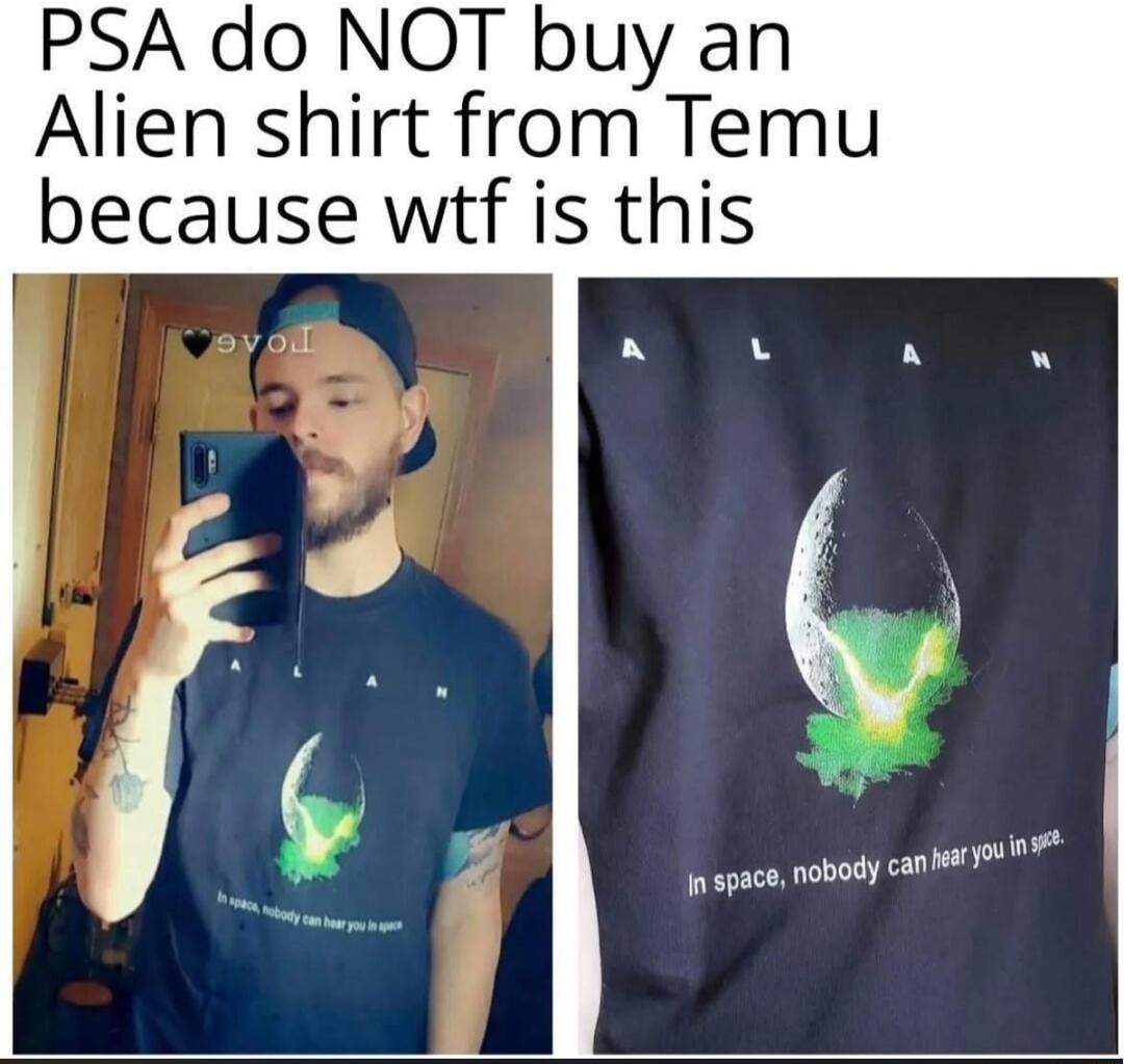 PSA do NOT buy an Alien shirt from Temu because wtf is this

In space, nobody can hear you sigh.