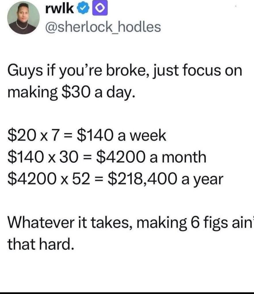 Guys if you’re broke, just focus on making $30 a day.

$20 x 7 = $140 a week
$140 x 30 = $4200 a month
$4200 x 52 = $218,400 a year

Whatever it takes, making 6 figs ain’t that hard.