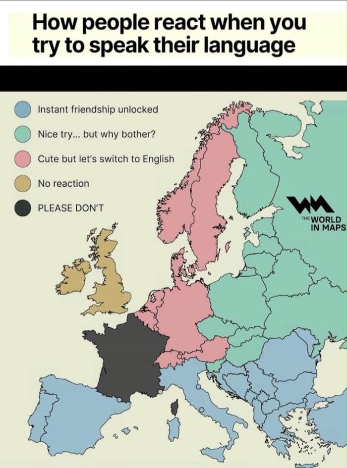 How people react when you try to speak their language
Instant friendship unlocked
Nice try... but why bother?
Cute but let's switch to English
No reaction
PLEASE DON'T