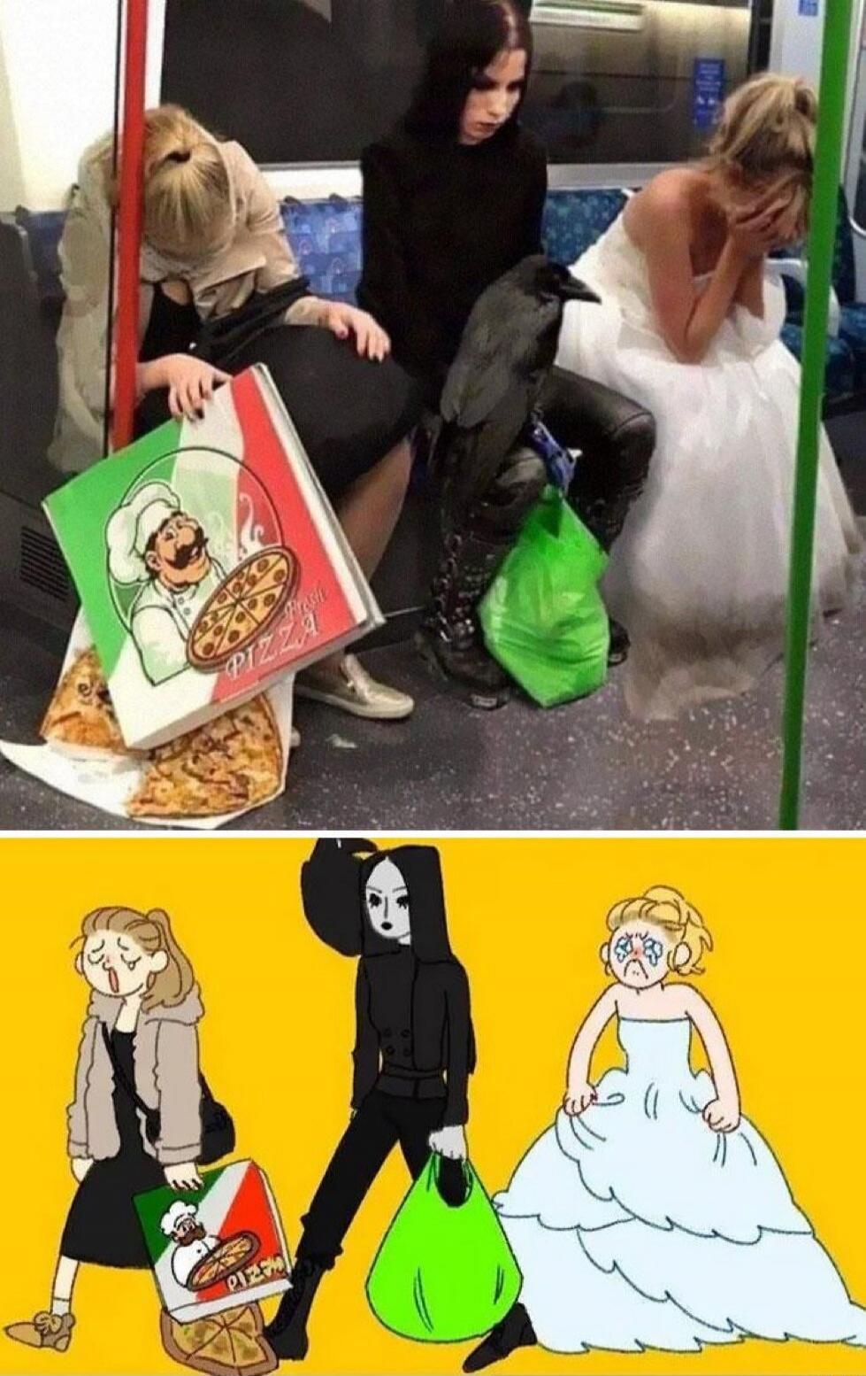 Pizza box with a cartoon chef, pizza slices on the floor. Three women sitting on a subway: one in black, one in white dress, a crow perched on a boot near the middle woman. Cartoon below shows three stylized characters: a woman with a pizza box, a dark-clad figure, and a woman in a light blue dress.