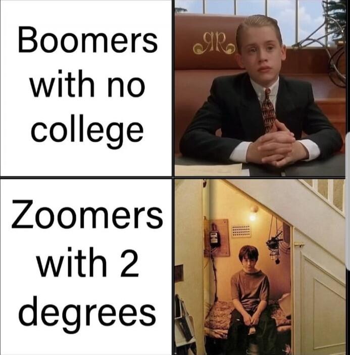 Boomers with no college
Zoomers with 2 degrees