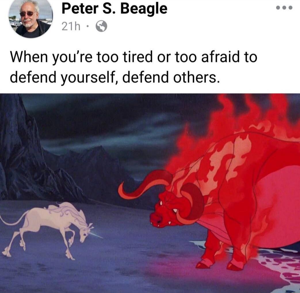 Peter S. Beagle
21h
When you’re too tired or too afraid to defend yourself, defend others.