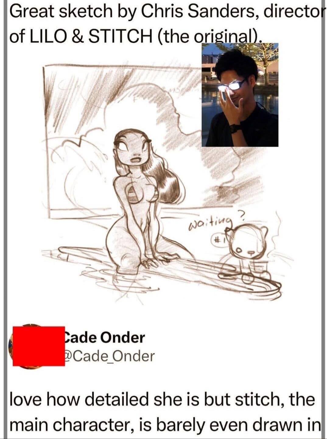 Great sketch by Chris Sanders, director of LILO & STITCH (the original). [image of a sketch showing a seated woman and a small character saying 'waiting?'] Cade Onder @Cade_Onder love how detailed she is but stitch, the main character, is barely even drawn in