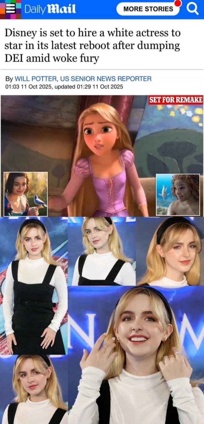 Disney is set to hire a white actress to star in its latest reboot after dumping DEI amid woke fury

By WILL POTTER, US SENIOR NEWS REPORTER
01:03 11 Oct 2025, updated 01:29 11 Oct 2025

SET FOR REMAKE
