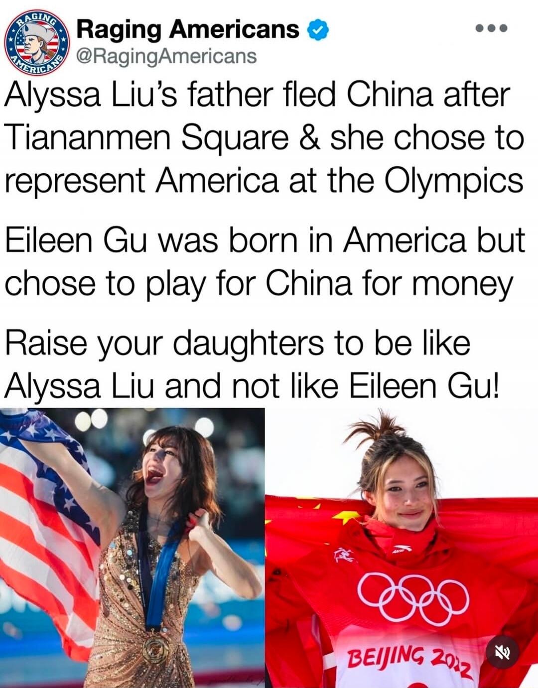 Alyssa Liu’s father fled China after Tiananmen Square & she chose to represent America at the Olympics

Eileen Gu was born in America but chose to play for China for money

Raise your daughters to be like Alyssa Liu and not like Eileen Gu!