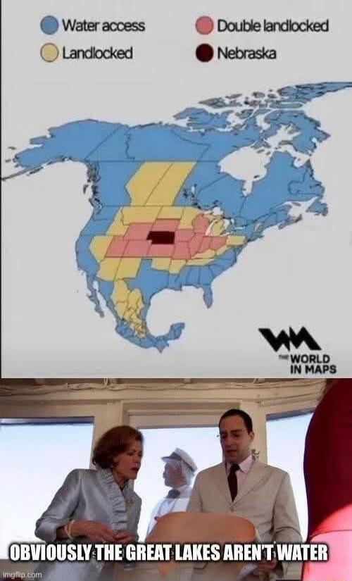 Water access (blue) / Landlocked (yellow) / Double landlocked (red) / Nebraska (dark red). OBVIOUSLY THE GREAT LAKES AREN'T WATER