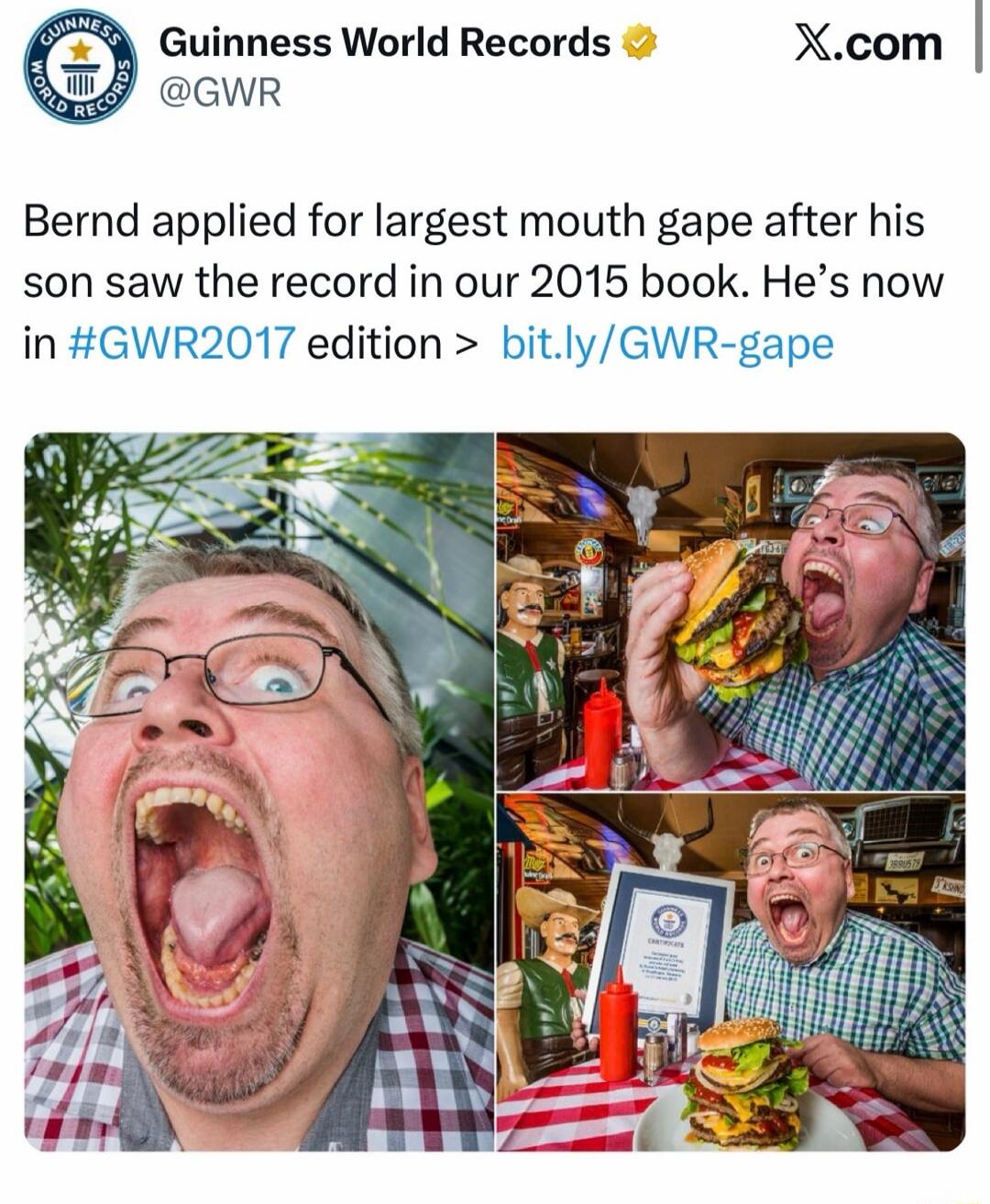 Guinness World Records @GWR Bernd applied for largest mouth gape after his son saw the record in our 2015 book. He’s now in #GWR2017 edition > bit.ly/GWR-gape