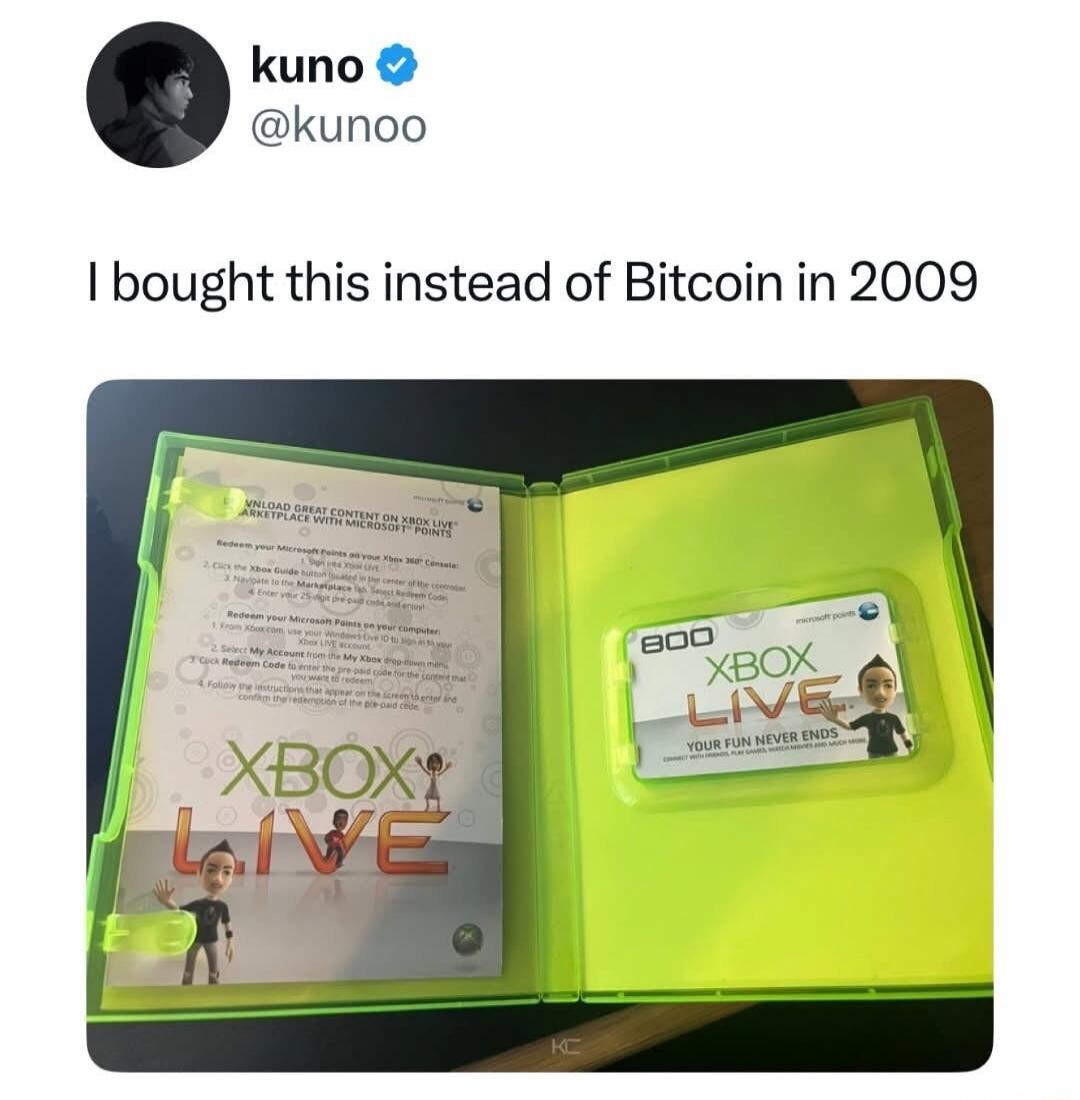 I bought this instead of Bitcoin in 2009
[Image shows an open green Xbox case with an Xbox Live card inside; the card reads Xbox Live and there is a small figure and the text 800].