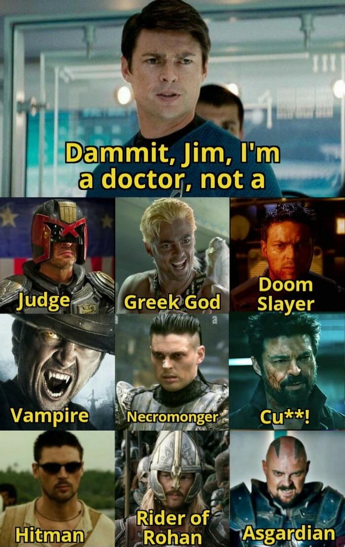 Dammit, Jim, I'm a doctor, not a
Judge, Greek God, Doom Slayer, Vampire, Necromonger, Cu**!, Hitman, Rider of Rohan, Asgardian