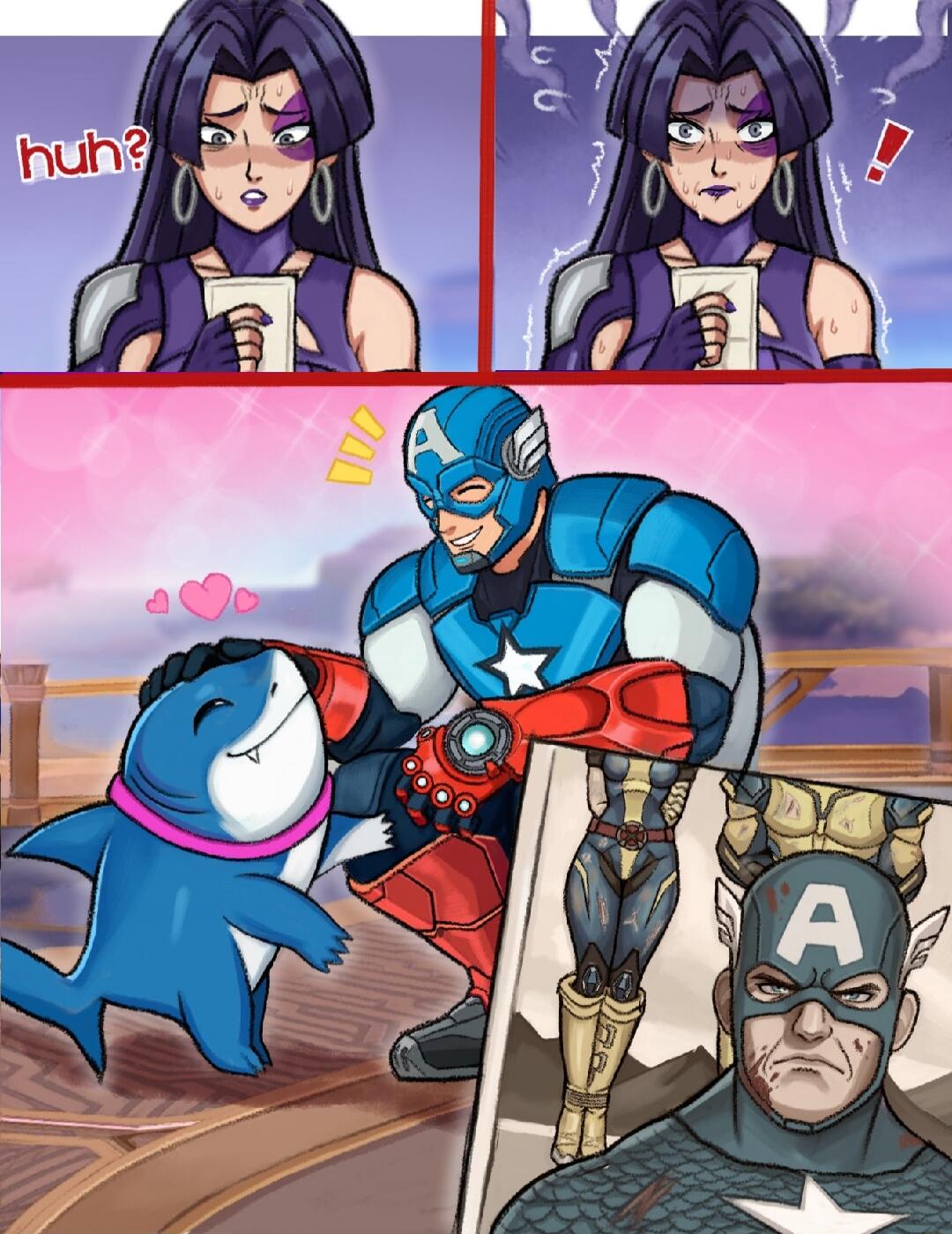 Panel 1: A woman with purple hair says “huh?” Panel 2: She looks surprised. Panel 3: Captain America is shown kneeling and smiling at a blue dog with a pink collar; another Captain America stands in the foreground looking stoic.