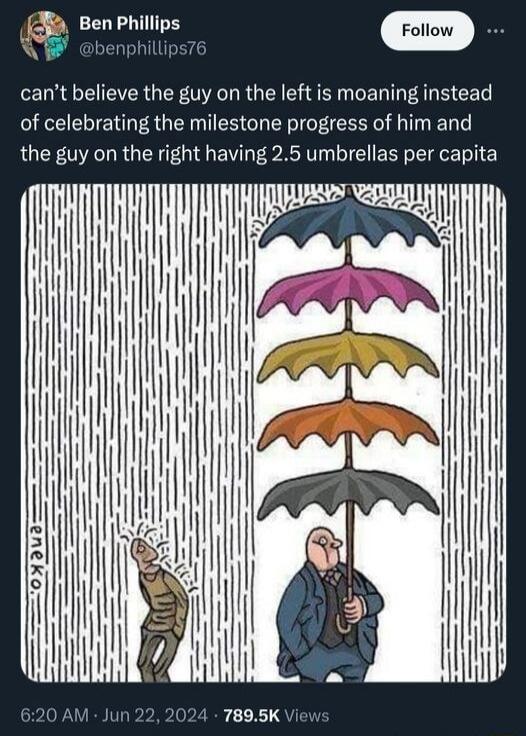 can’t believe the guy on the left is moaning instead of celebrating the milestone progress of him and the guy on the right having 2.5 umbrellas per capita