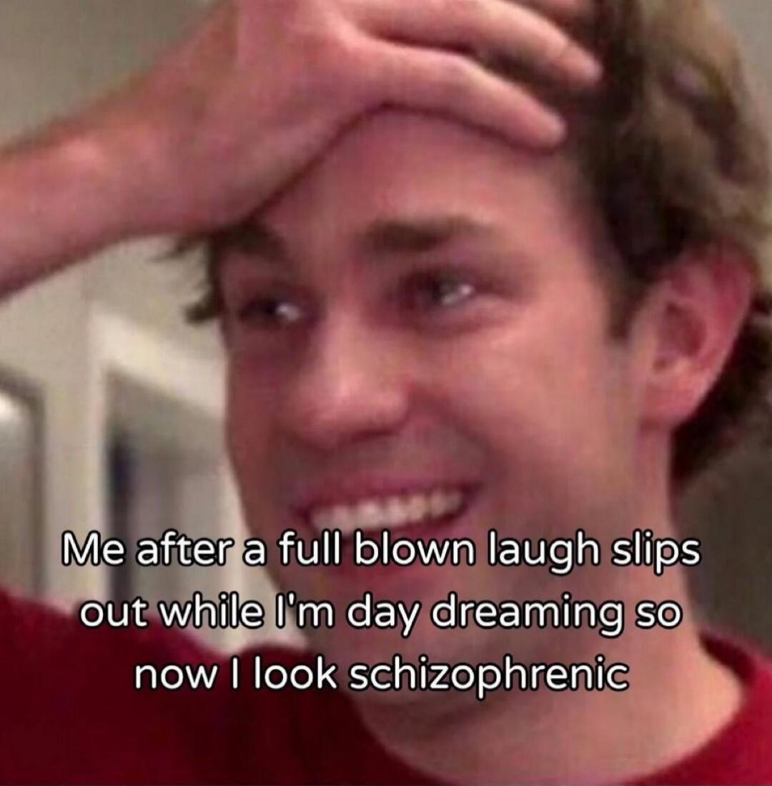Me after a full blown laugh slips out while I'm day dreaming so now I look schizophrenic