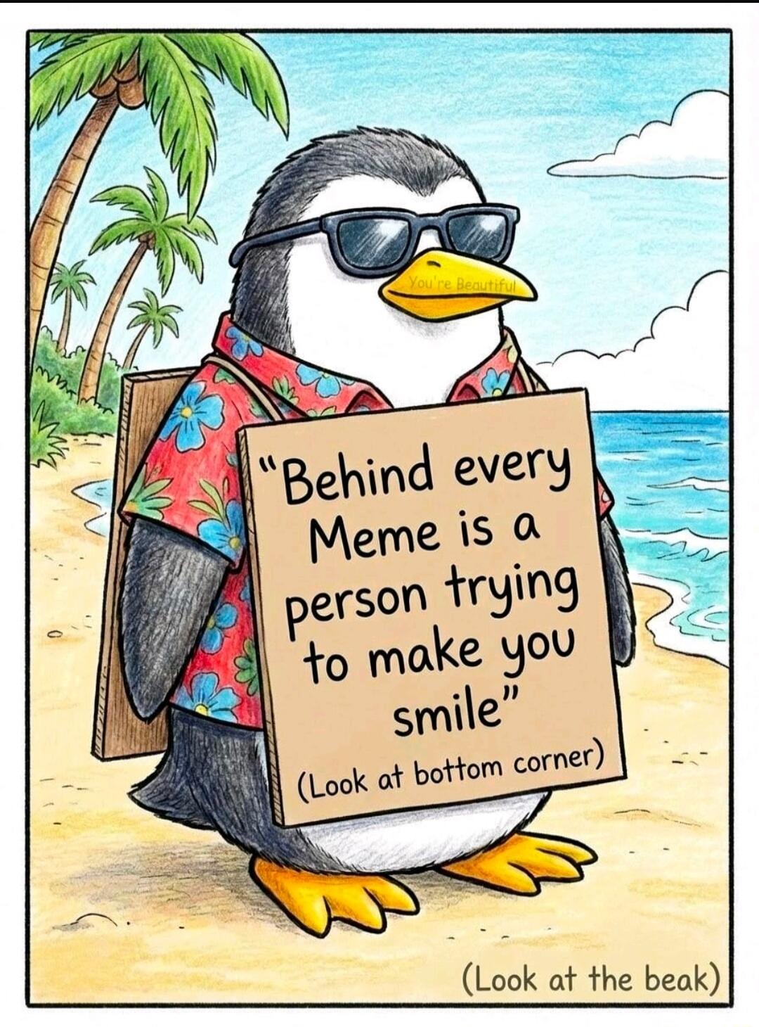 Behind every Meme is a person trying to make you smile (Look at bottom corner) (Look at the beak)