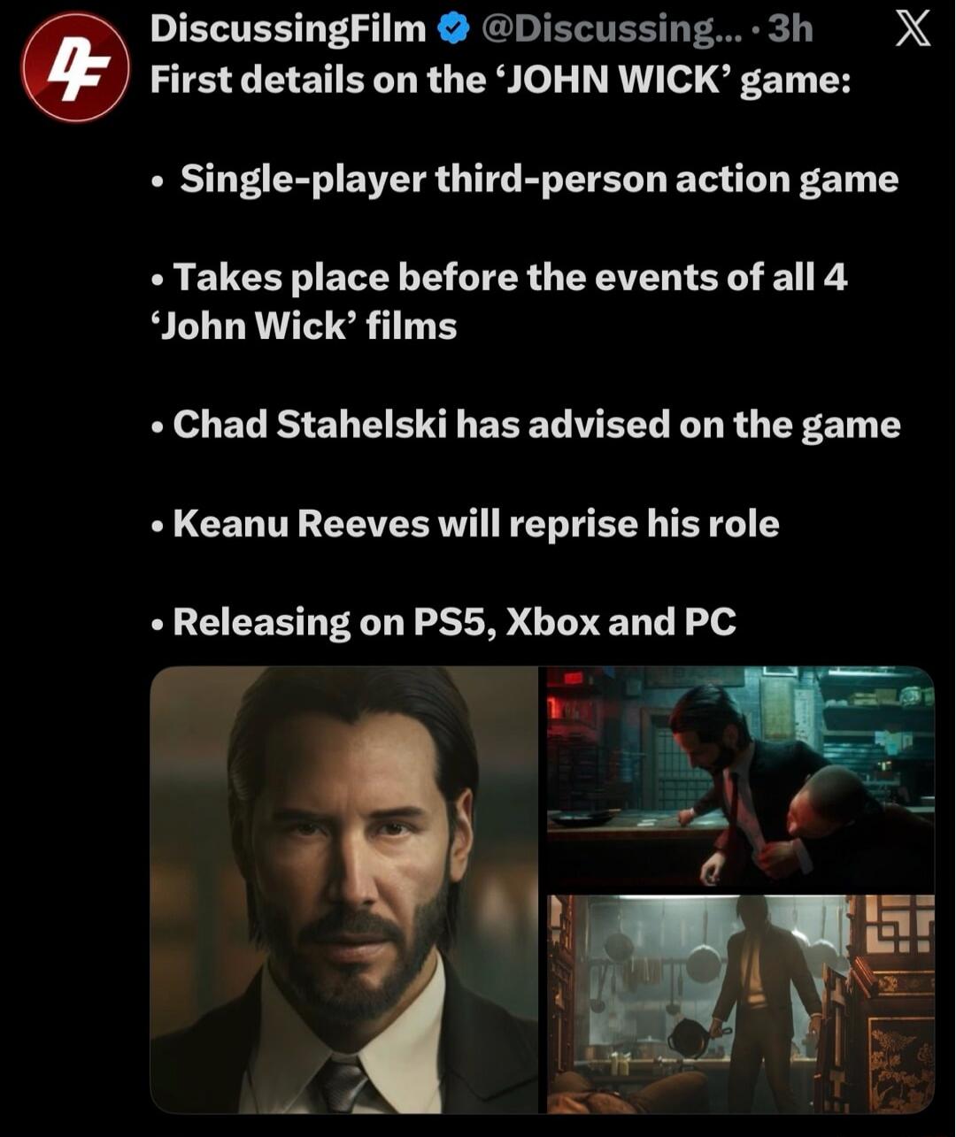 First details on the 'JOHN WICK' game:
• Single-player third-person action game
• Takes place before the events of all 4 'John Wick' films
• Chad Stahelski has advised on the game
• Keanu Reeves will reprise his role
• Releasing on PS5, Xbox and PC