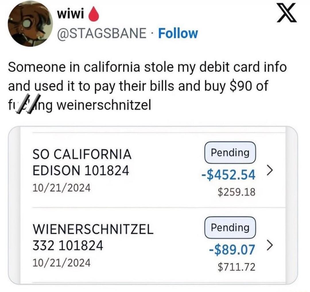 Session ID: 2155.

Someone in california stole my debit card info and used it to pay their bills and buy $90 of f***ing weinerschnitzel

SO CALIFORNIA EDISON 101824
10/21/2024
Pending -$452.54 $259.18

WIENERSCHNITZEL 332 101824
10/21/2024
Pending -$89.07 $711.72
