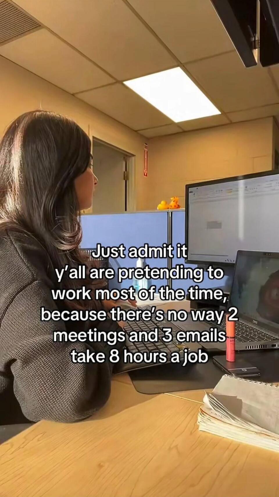 Just admit it y'all are pretending to work most of the time, because there's no way 2 meetings and 3 emails take 8 hours a day