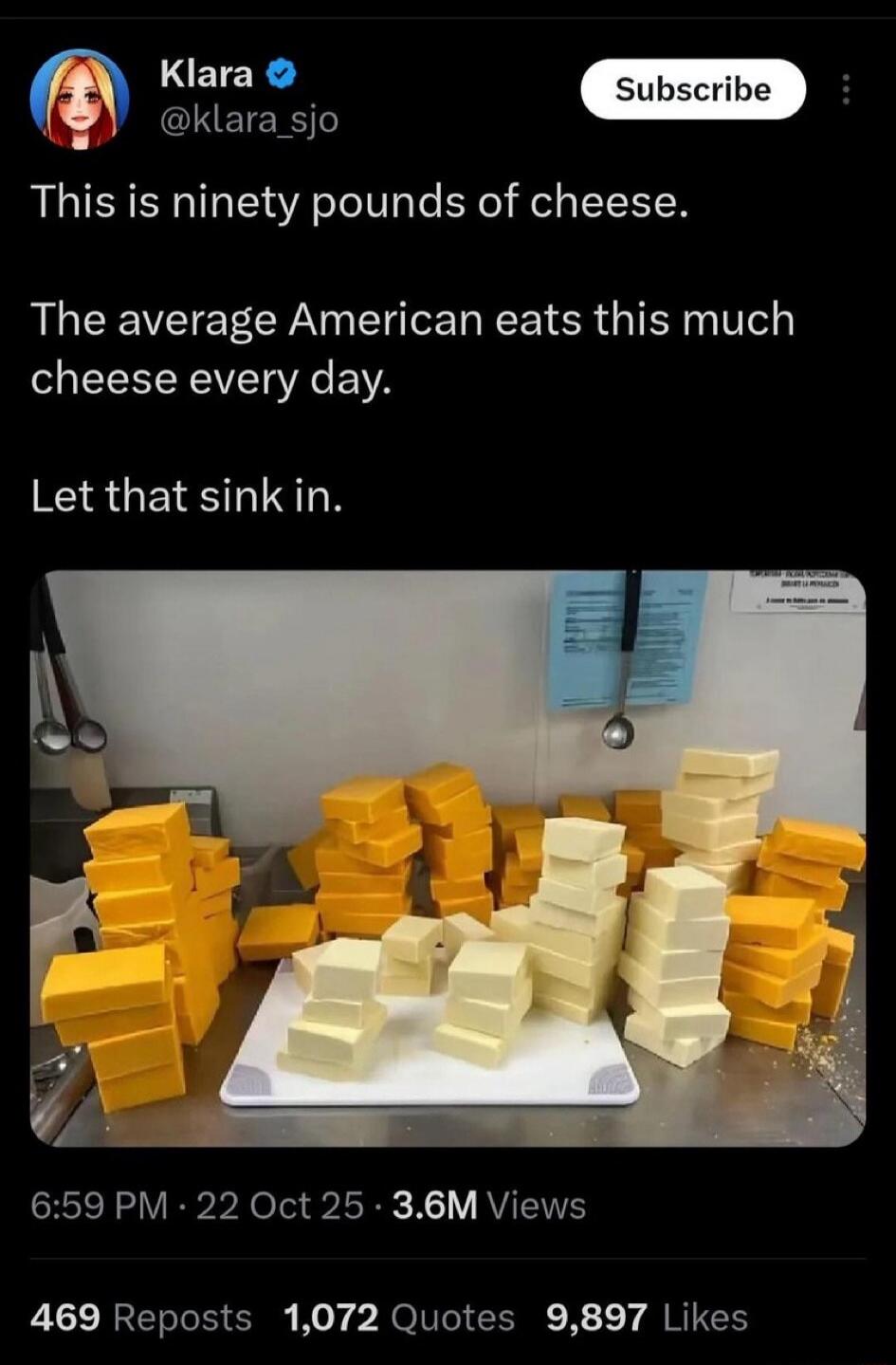 This is ninety pounds of cheese. The average American eats this much cheese every day. Let that sink in.