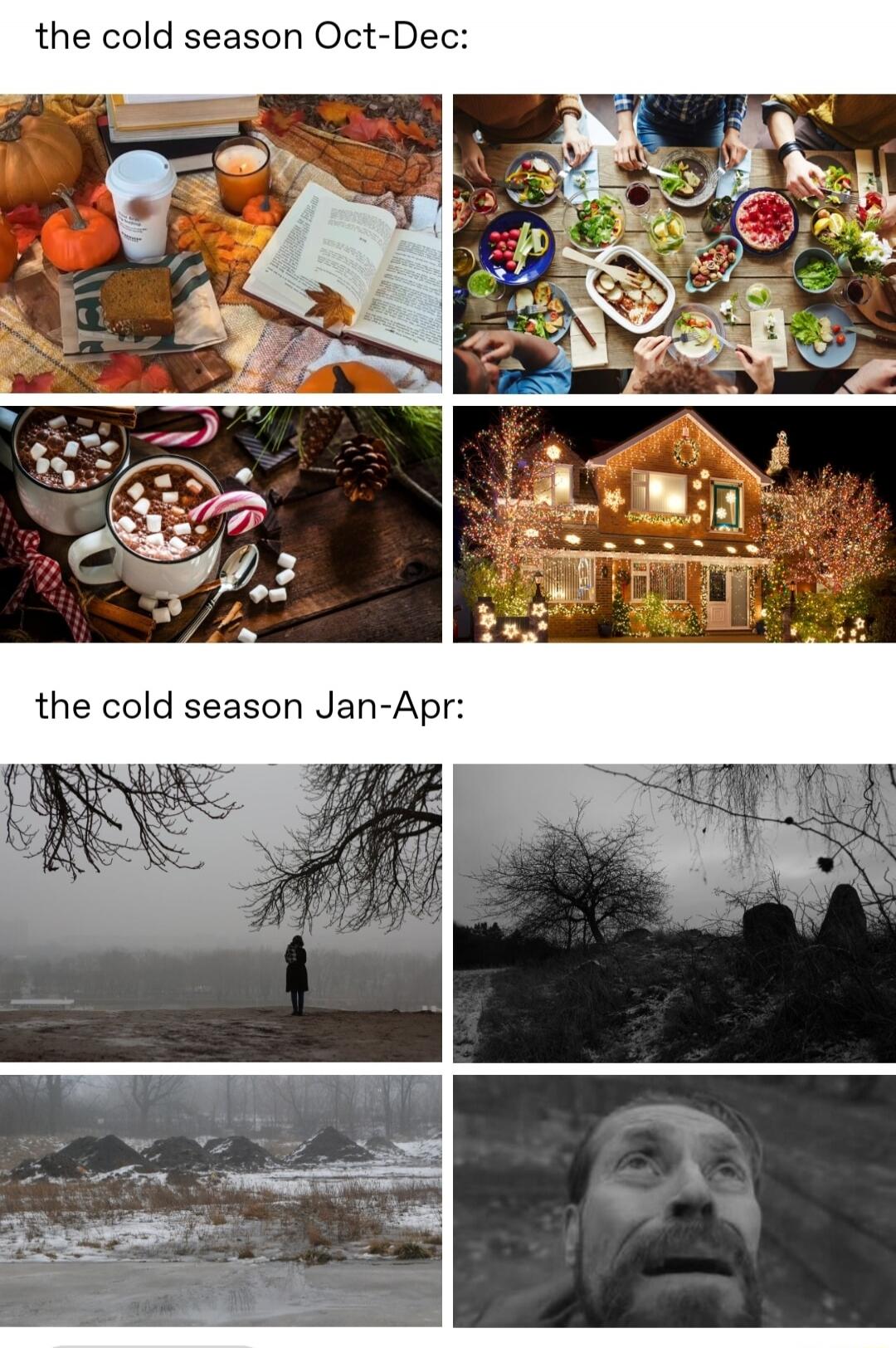 the cold season Oct-Dec:

[collage of cozy autumn/winter images: drinks, food, decorations, and gatherings]

the cold season Jan-Apr:

[images of bleak winter scenes: solitary figures, barren trees, snow, a dramatic close-up face]