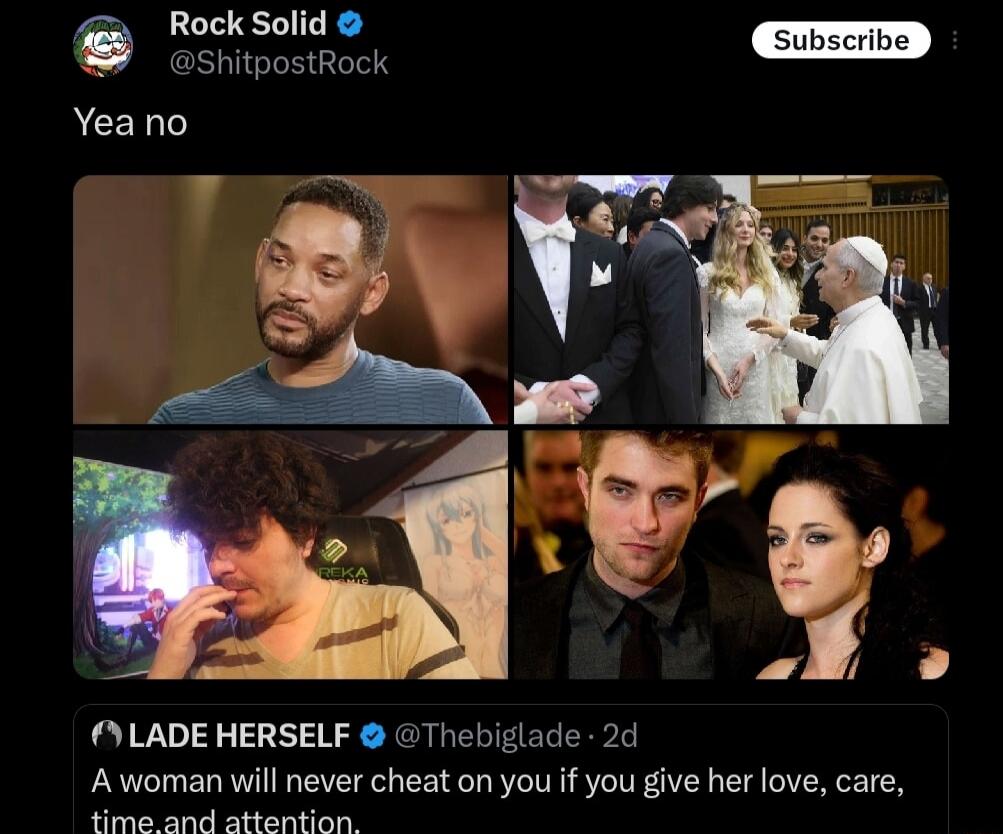 Yea no

⚑ LADE HERSELF @Thebiglade - 2d A woman will never cheat on you if you give her love, care, time, and attention.