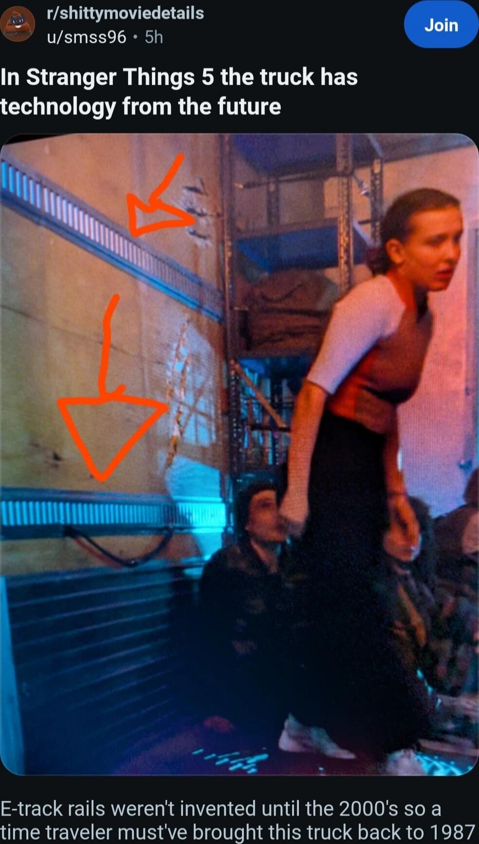 r/shittymoviedetails u/smss96 - 5h In Stranger Things 5 the truck has technology from the future E-track rails weren't invented until the 2000's so a time traveler must've brought this truck back to 1987