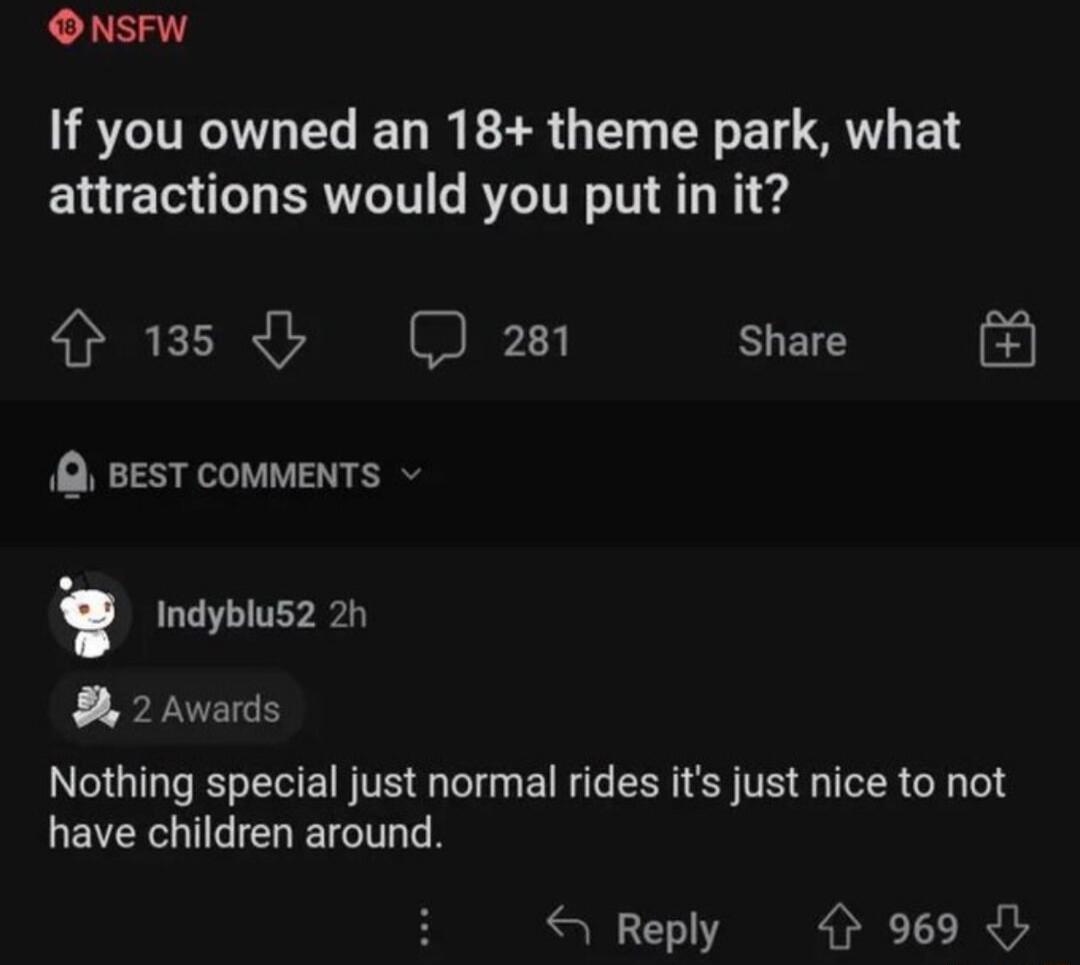 If you owned an 18+ theme park, what attractions would you put in it? Indybalu52 2h Nothing special just normal rides it's just nice to not have children around.