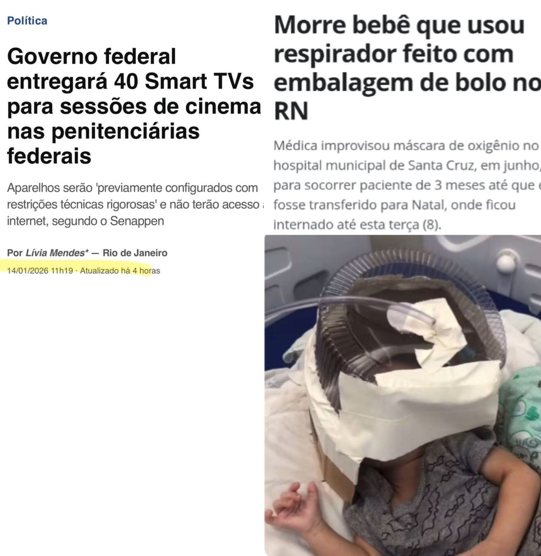 Política
Governo federal entregará 40 Smart TVs para sessões de cinema nas penitenciárias federais
Aparelhos serão 'previamente configurados com restrições técnicas rigorosas' e não terão acesso à internet, segundo o Senappen

Morre bebê que usou respirador feito com embalagem de bolo no RN
Médica improvisou máscara de oxigênio no hospital municipa