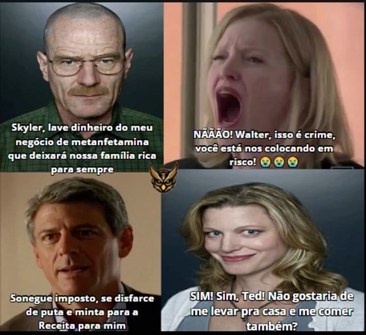 Skyler, lave dinheiro do meu negócio de metanfetamina que deixará nossa família rica para sempre
NÃÃOO! Walter, isso é crime, você está nos colocando em risco!
Sonegou imposto, se disfarça de puta e minta para a Receita pra mim
SIM! Sim, Ted! Não gostaria de me levar pra casa e me comer também?