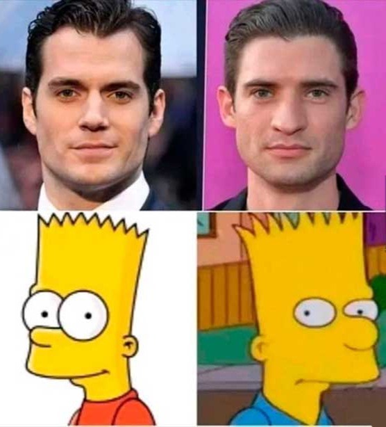 Meme com duas fotos de homens parecidos com Bart Simpson em versões diferentes.