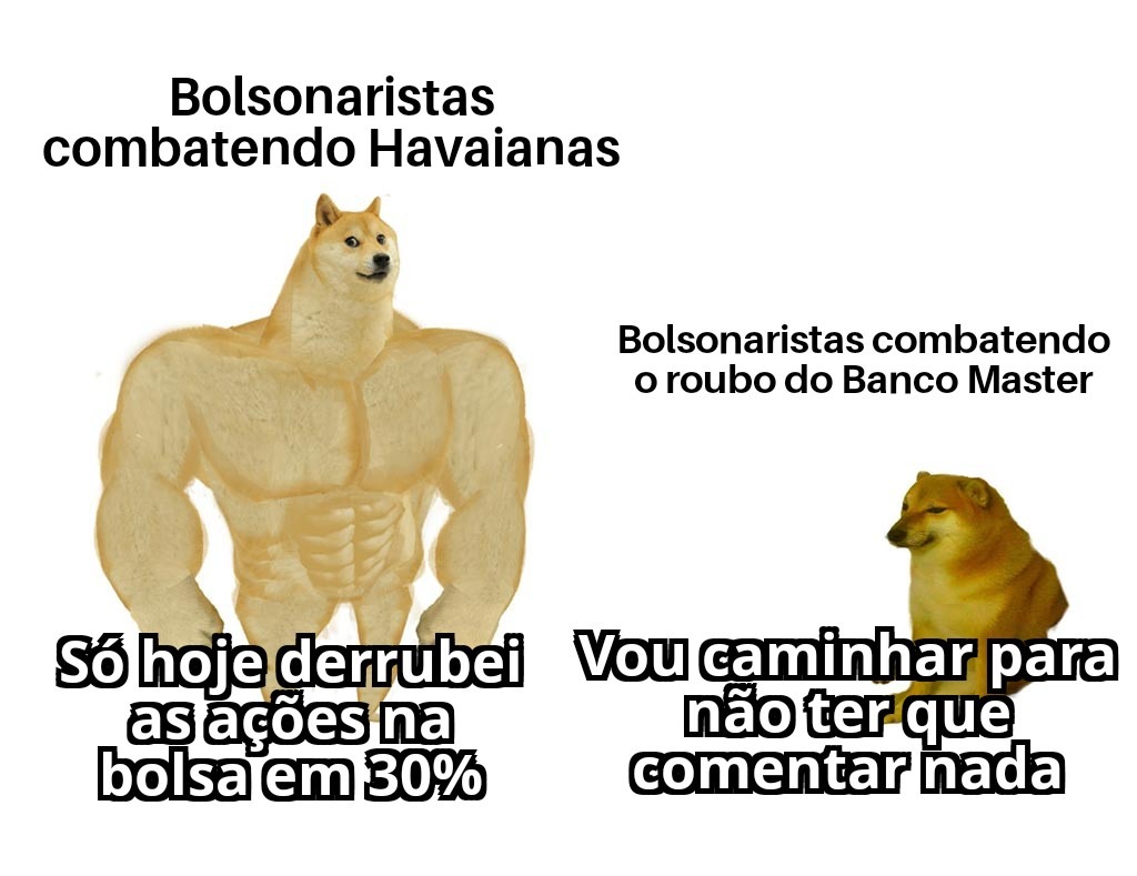 Bolsonaristas combatendo Havaianas
Só hoje derrubei as ações na bolsa em 30%
Bolsonaristas combatendo o roubo do Banco Master
Vou caminhar para não ter que comentar nada