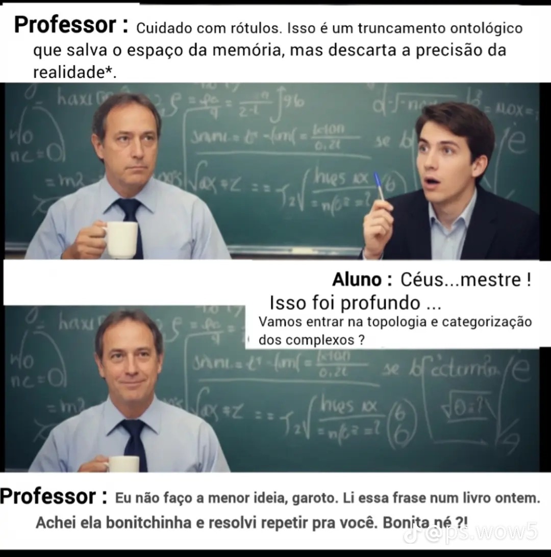 Professor: Cuidado com rótulos. Isso é um truncamento ontológico que salva o espaço da memória, mas descarta a precisão da realidade*.\nAluno: Céus... mestre! Isso foi profundo... Vamos entrar na topologia e categorização dos complexos?\nProfessor: Eu não faço a menor ideia, garoto. Li essa frase num livro ontem. Achei ela bonitinha e resolvi repet