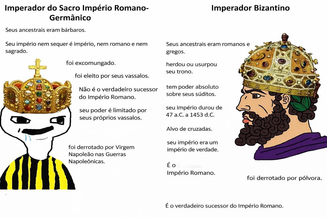 Imperador do Sacro Império Romano-Germânico
Seus ancestrais eram bárbaros.
Seu império nem sequer é império, nem romano e nem sagrado.
foi excomungado.
foi eleito por seus vassalos.
Não é o verdadeiro successor do Império Romano.
seu poder é limitado por seus próprios vassalos.
foi derrotado por Virgem Napoleônicas nas Guerras Napoleônicas.

Impera