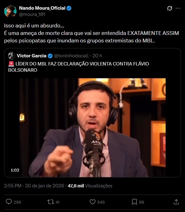 Isso aqui é um absurdo... 
É uma ameaça de morte clara que vai ser entendida EXATAMENTE ASSIM pelos psicopatas que inundam os grupos extremistas do MBL.

LÍDER DO MBL FAZ DECLARAÇÃO VIOLENTA CONTRA FLÁVIO BOLSONARO