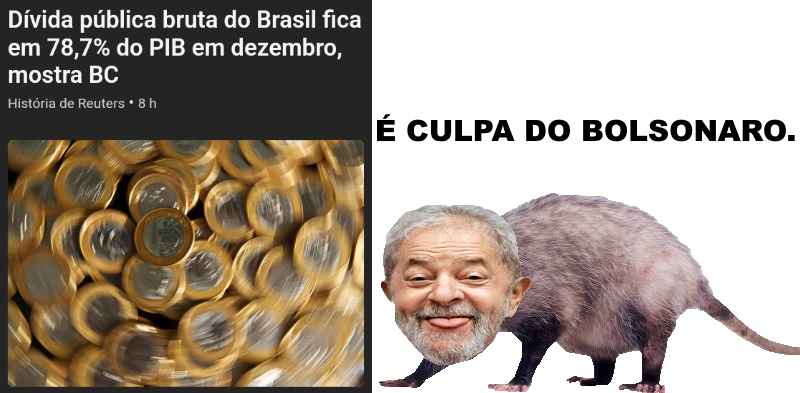 Dívida pública bruta do Brasil fica em 78,7% do PIB em dezembro, mostra BC
É culpa do Bolsonaro.