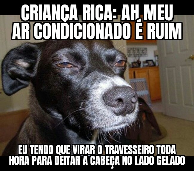 CRIANÇA RICA:- AH, MEU AR CONDICIONADO É RUIM
EU TENDO QUE VIRAR O TRAVESSEIRO TODA HORA PARA DEITAR A CABEÇA NO LADO GELADO