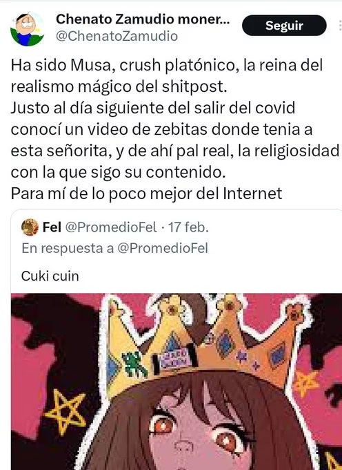 Ha sido Musa, crush platónico, la reina del realismo mágico del shitpost. Justo al día siguiente del salir del covid conocí un video de zebitas donde tenia a esta señorita, y de ahí pal real, la religiosidad con la que sigo su contenido. Para mí de lo poco mejor del Internet