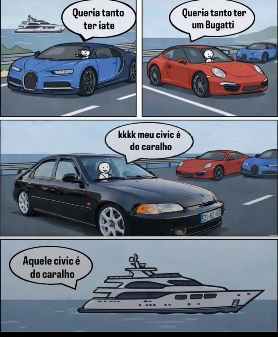 Queria tanto ter iate
Queria tanto ter um Bugatti
kkkk meu civic é do caralho
Aquele civic é do caralho