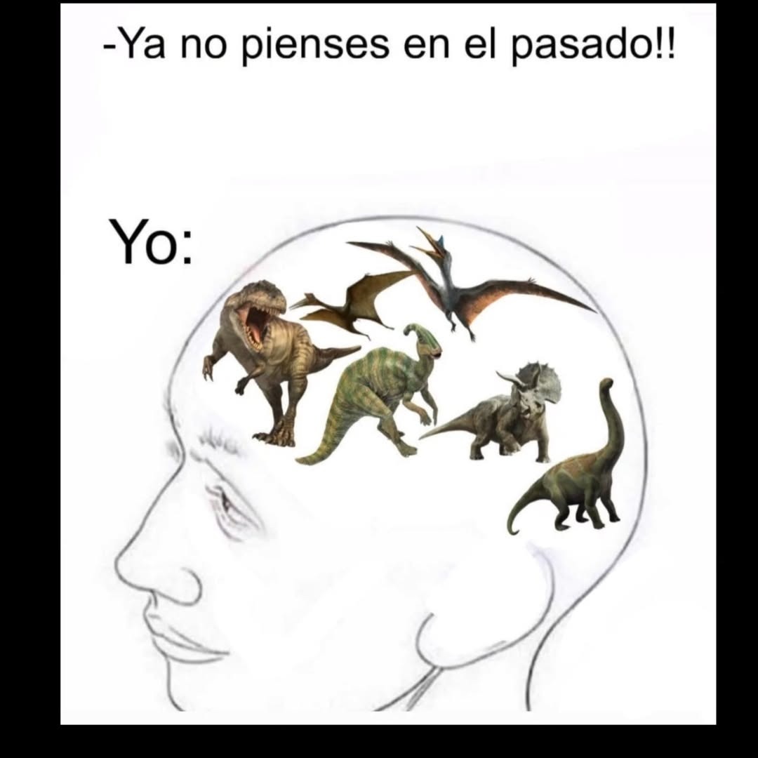 -Ya no pienses en el pasado!! Yo: [dinosaurs inside head]