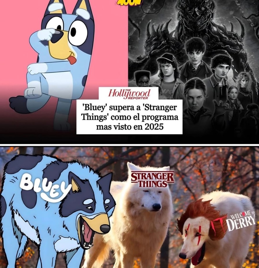 Bluey supera 'Stranger Things' como el programa mas visto en 2025. BLUEY vs STRANGER THINGS con elementos de 'WELCOME TO DERRY'.