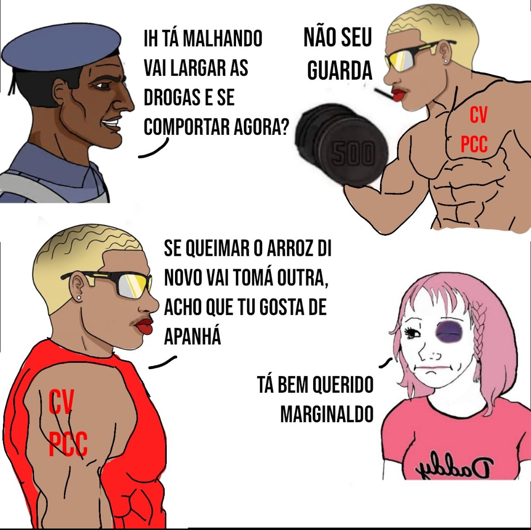 IIH TÁ MALHANDO VAI LARGAR AS DROGAS E SE COMPORTAR AGORA?
NÃO SEU GUARDA
SE QUEIMAR O ARROZ DI NOVO VAI TOMÁ OUTRA, ACHO QUE TU GOSTA DE APANHÃ
TÁ BEM QUERIDO MARGINALDO