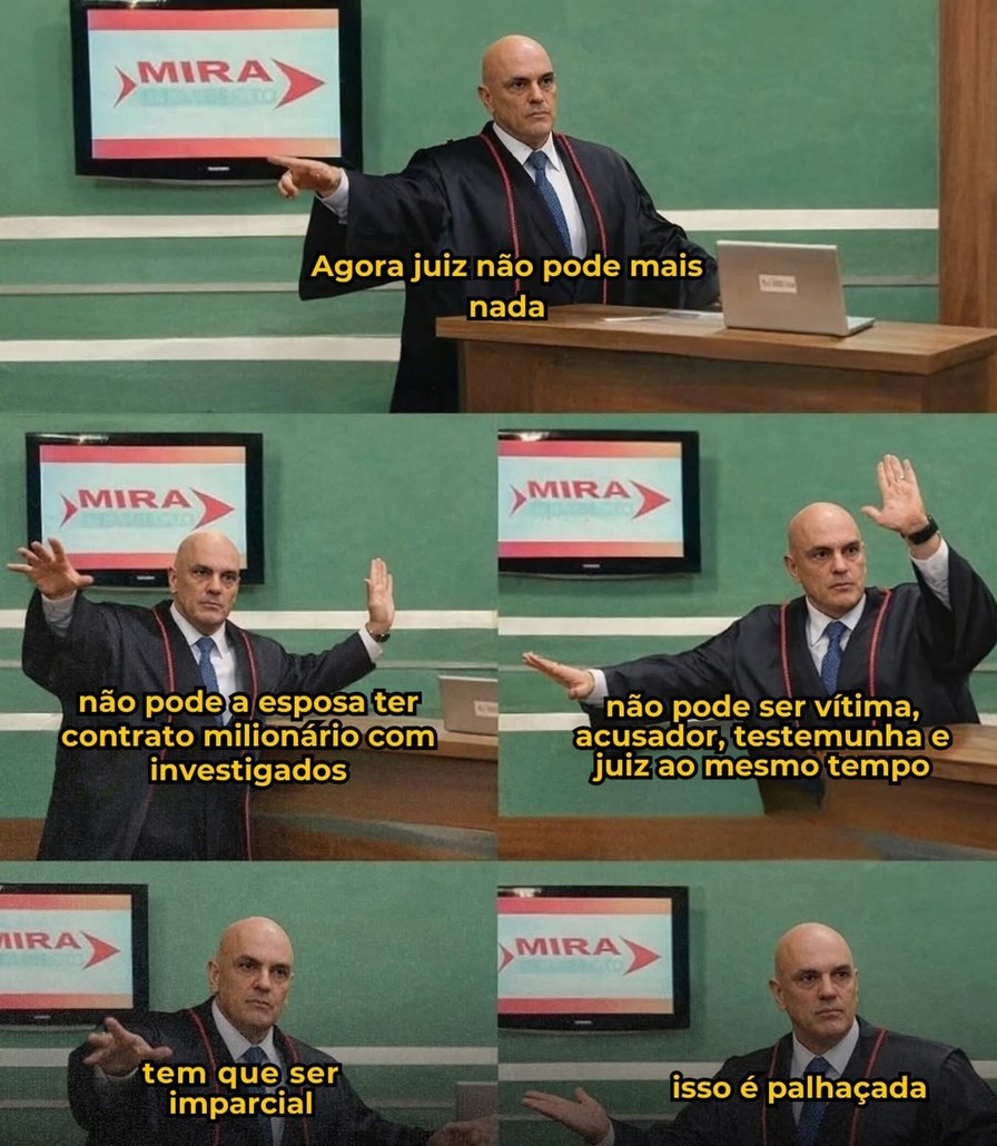 Agora juiz não pode mais nada
não pode a esposa ter contrato milionário com investigados
não pode ser vítima, acusado, testemunha juiz ao mesmo tempo
tem que ser imparcial
isso é palhaçada