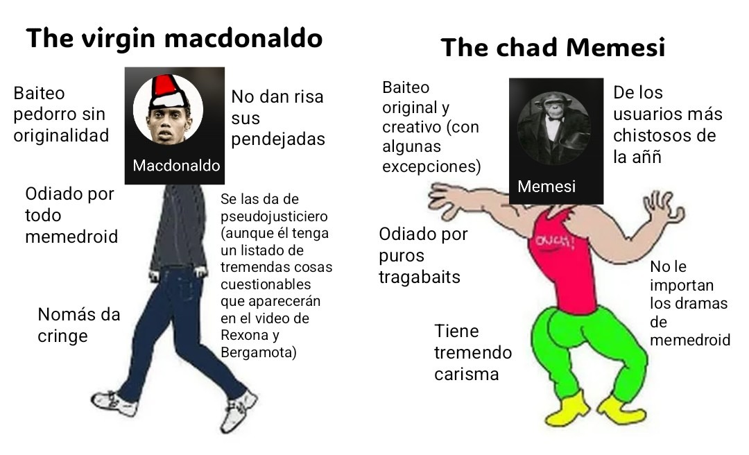 The virgin macdonaldo
Baiteo pedorro sin originalidad
Odiado por todo memedroid
Nomás da cringe
Se las da de pseudo justo, pero tiene un listado de cosas que parecen incompletion
Macdonaldo

The chad Memesi
Baiteo original y fuerte (con algunas excepciones)
Odiado por puros trabagabs? (texto confuso)
Tiene tremendo carisma
De los usuarios más chist