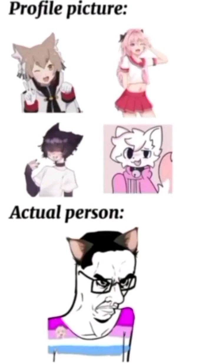 Foto de perfil:
 (cuatro imágenes de personajes estilo anime/infantil) 
Persona real:
 (cara de meme exagerada con gafas y expresión seria)