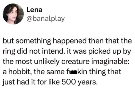 but something happened then that the ring did not intend. it was picked up by the most unlikely creature imaginable: a hobbit, the same fu**kin thing that just had it for like 500 years.